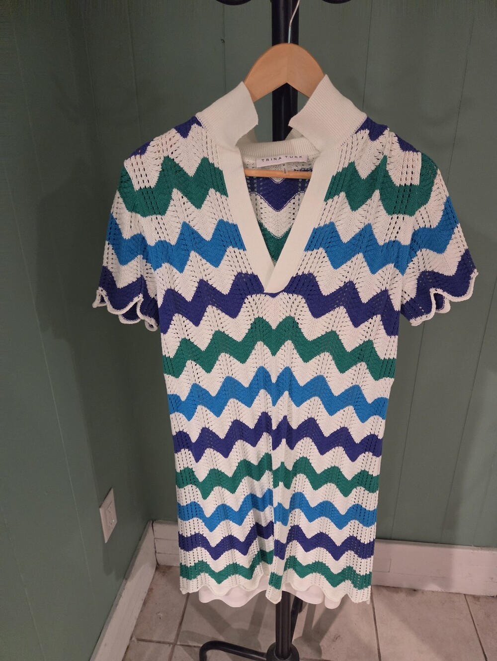 Trina Turk Lined Chevron Knit Polo Dress: White, Blue & Green, Preppy, Beach
